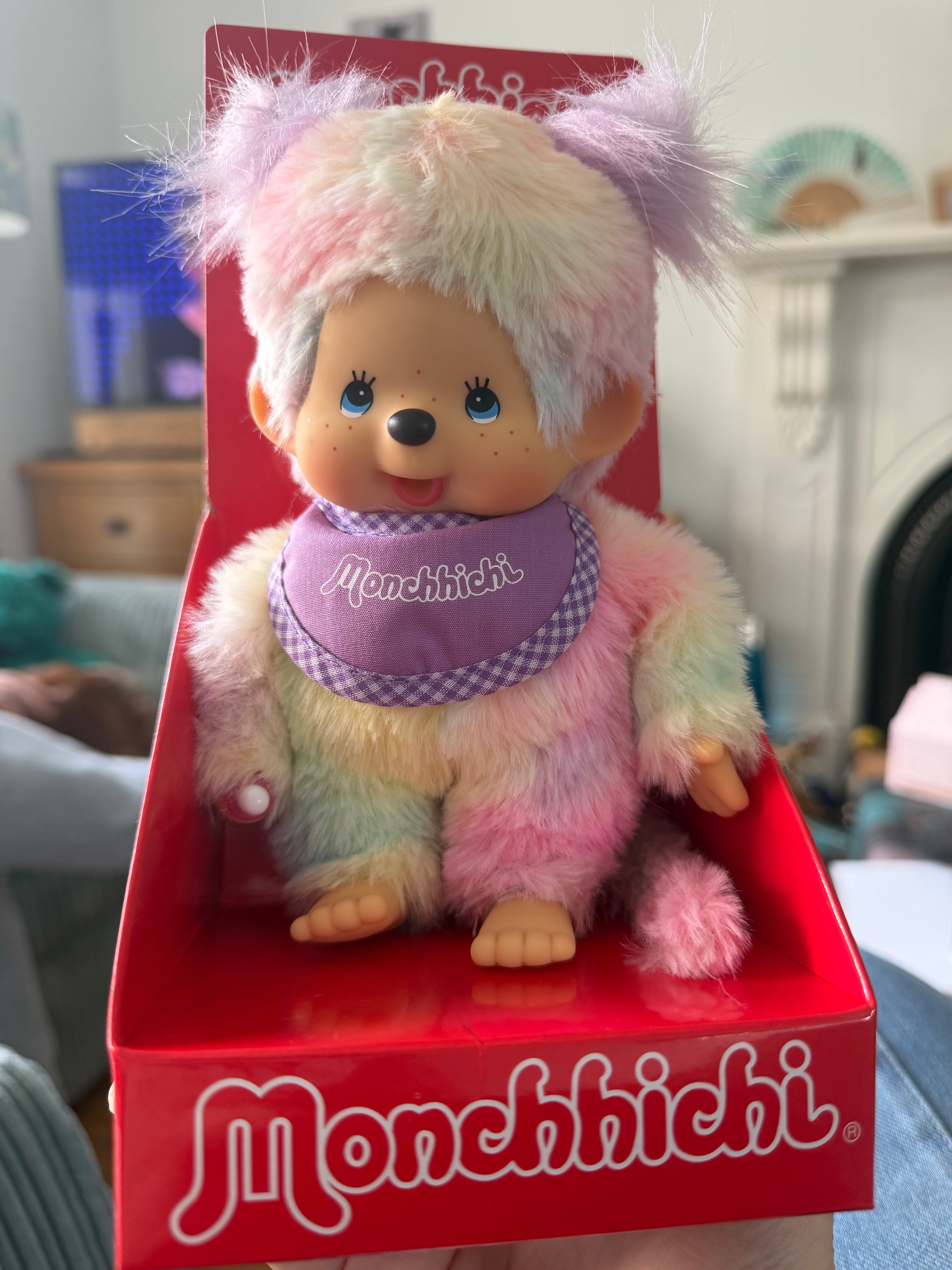Monchhichi Tie-Dye Plush Girl 20cm – Pastel Rainbow – Brand New in Box