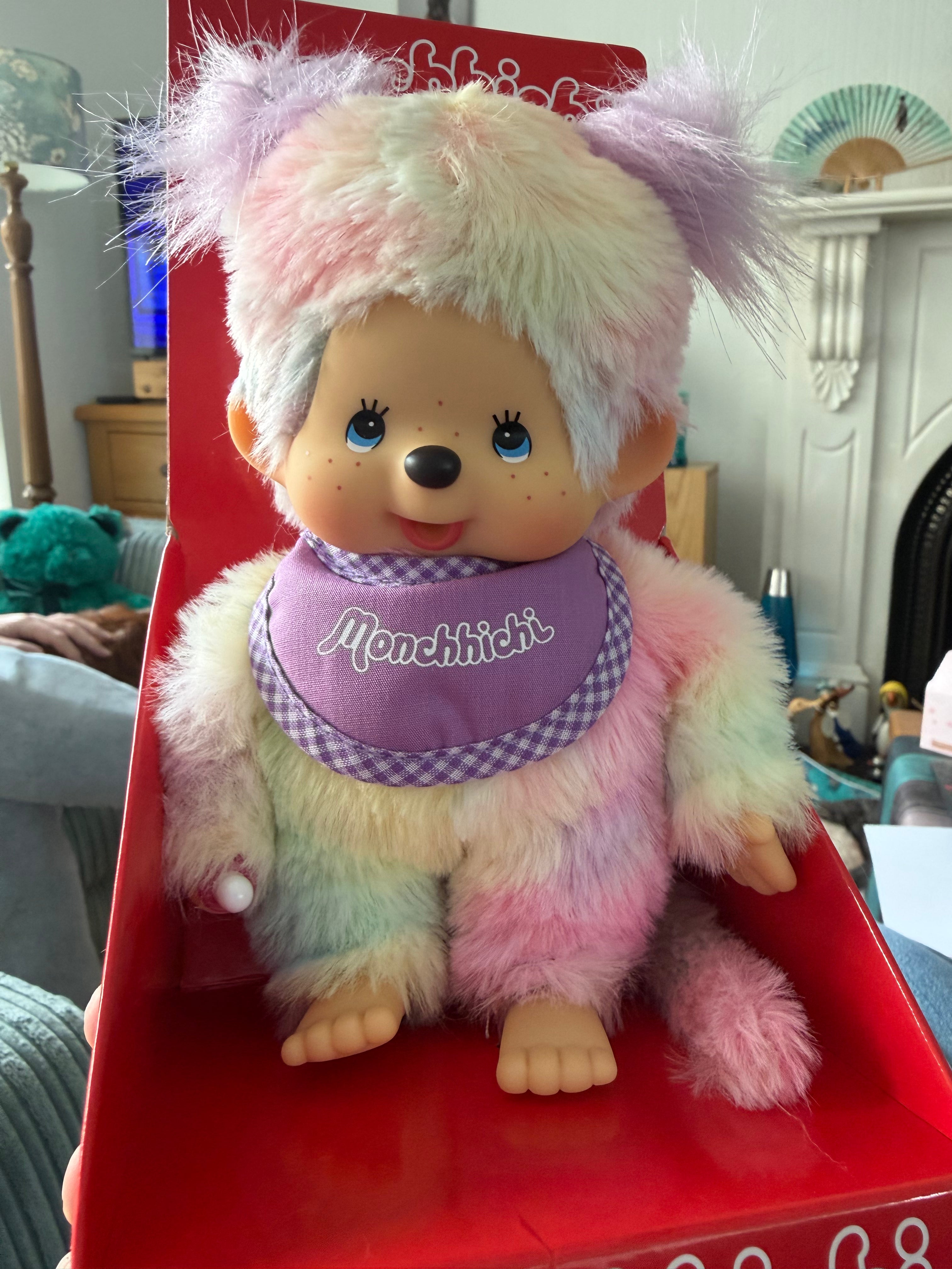 Monchhichi Tie-Dye Plush Girl 20cm – Pastel Rainbow – Brand New in Box