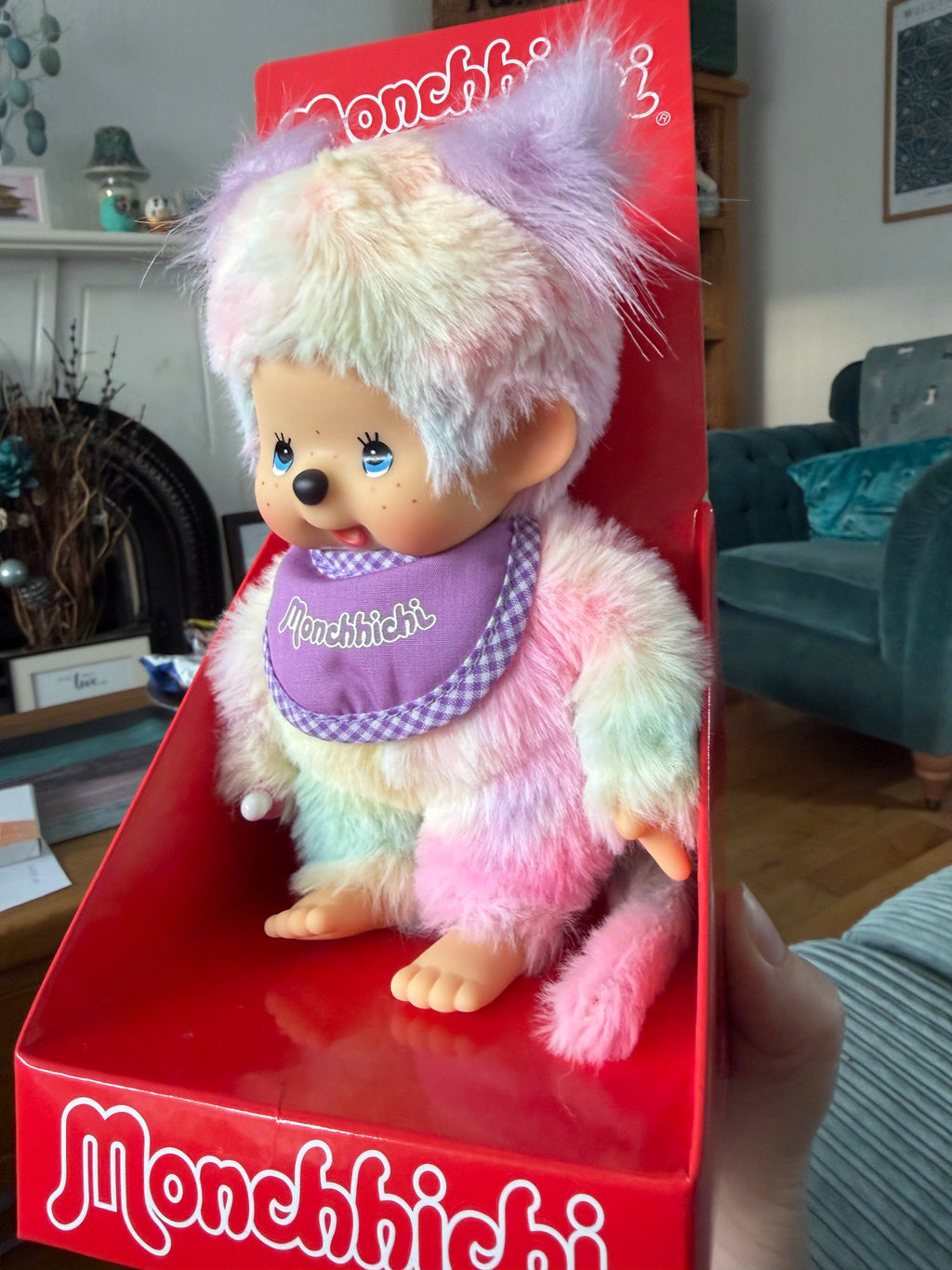 Monchhichi Tie-Dye Plush Girl 20cm – Pastel Rainbow – Brand New in Box
