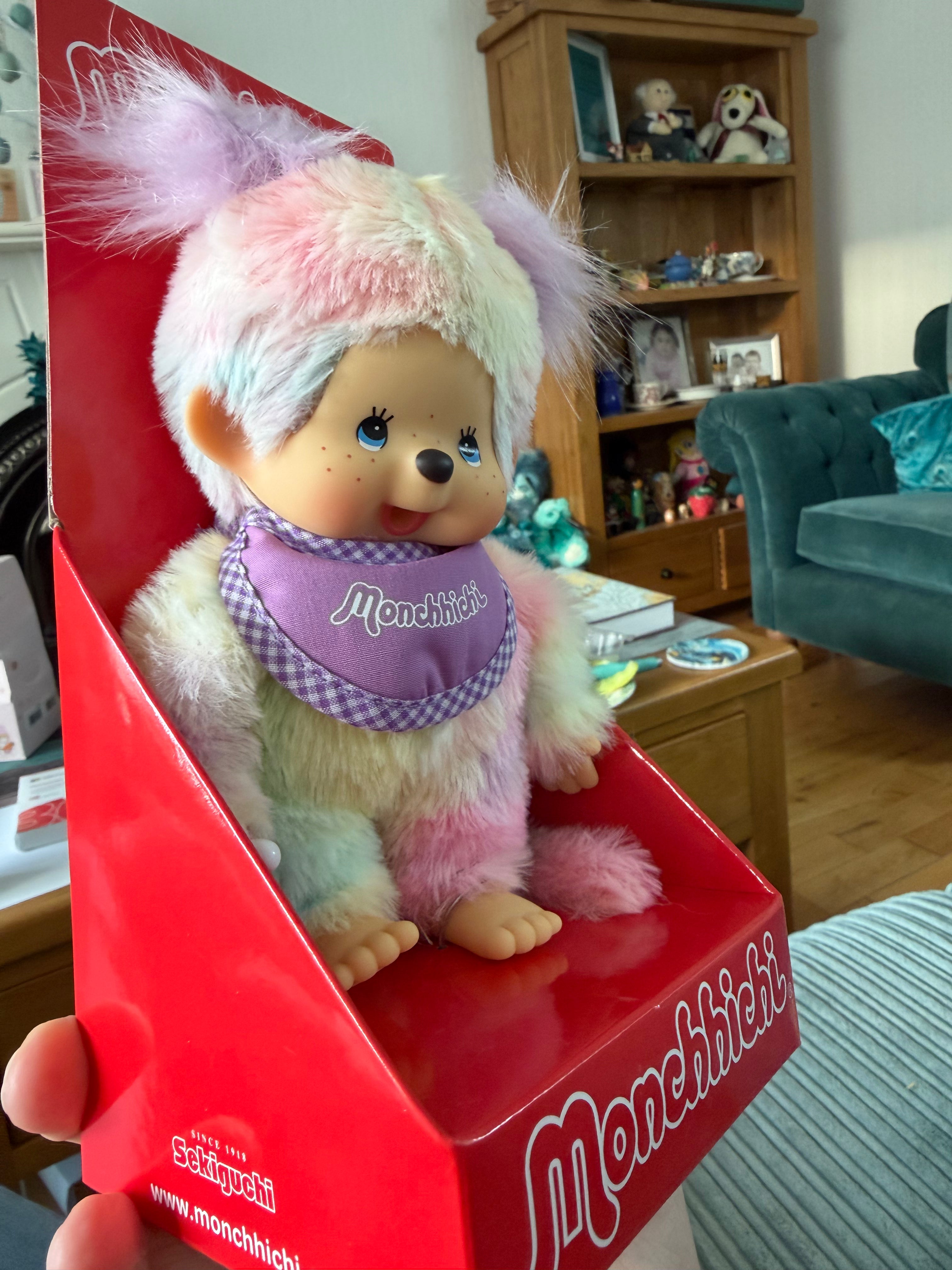Monchhichi Tie-Dye Plush Girl 20cm – Pastel Rainbow – Brand New in Box