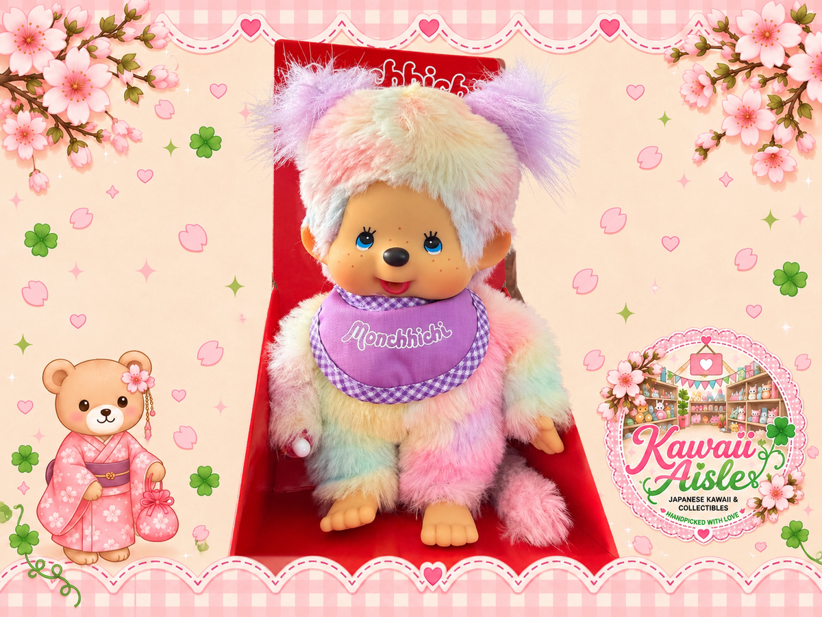 Monchhichi Tie-Dye Plush Girl 20cm – Pastel Rainbow – Brand New in Box